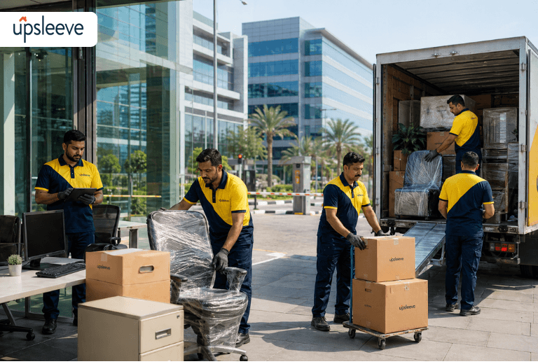 Free zone commercial relocation services in UAE with professional movers handling office furniture, IT equipment, and corporate assets safely