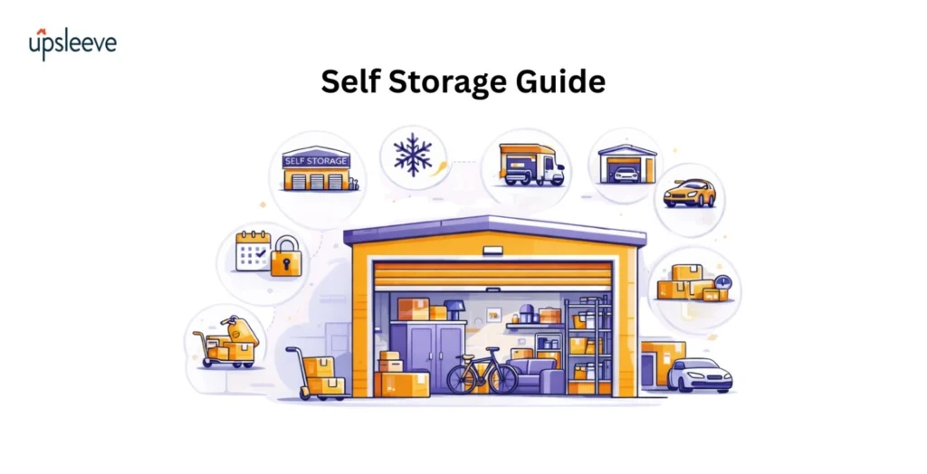 Complete self storage guide showing storage facility, packing, transport, and secure storage process