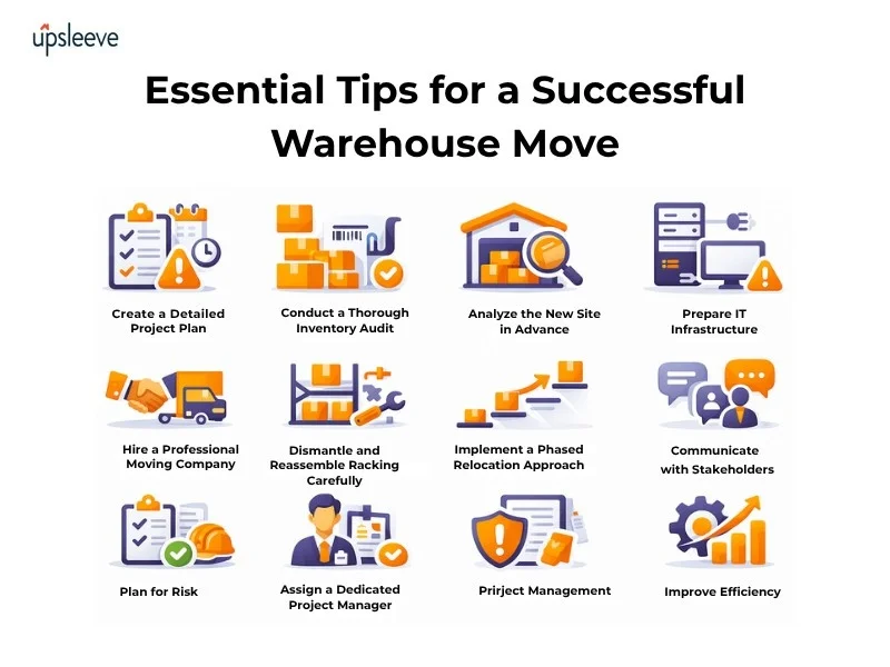 Essential tips for successful warehouse relocation including planning, inventory audit, IT setup and risk management