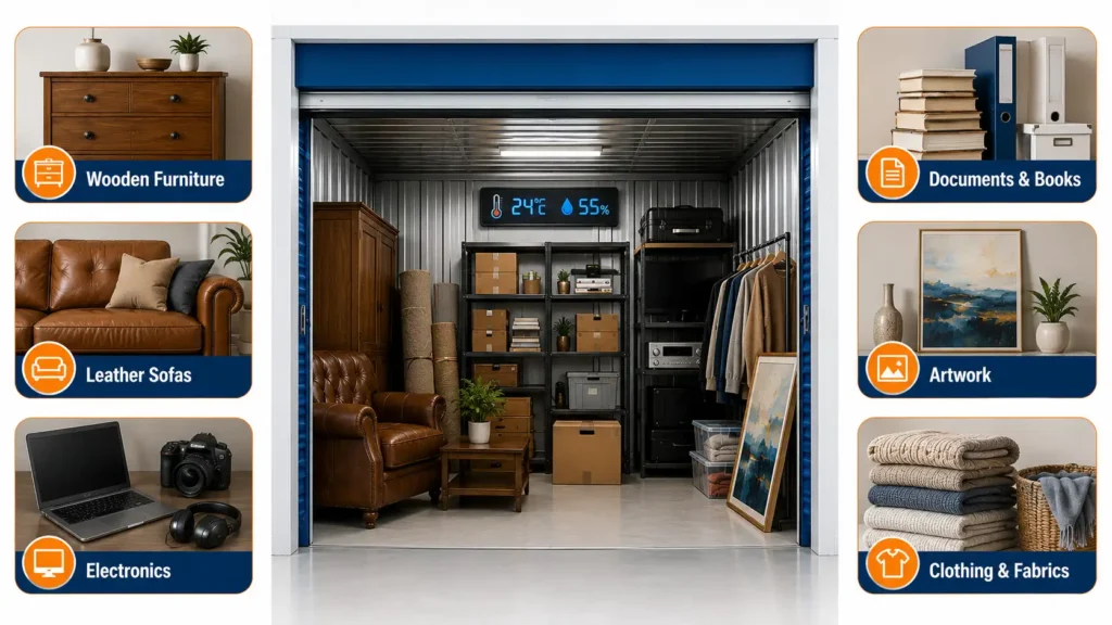 Climate-controlled self storage UAE infographic showing furniture, electronics, documents, artwork, clothing, and other belongings stored safely in a temperature and humidity-controlled storage unit.