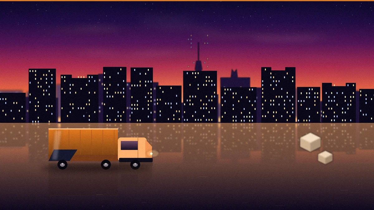 Silhouette of a moving truck against the Dubai skyline at sunset, representing professional moving and packing services in Dubai