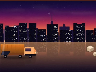 Silhouette of a moving truck against the Dubai skyline at sunset, representing professional moving and packing services in Dubai