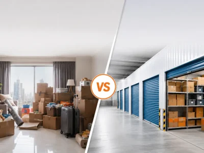 Self storage vs home storage in the UAE showing a cluttered apartment compared with a modern self storage facility from a trusted storage company in the UAE.