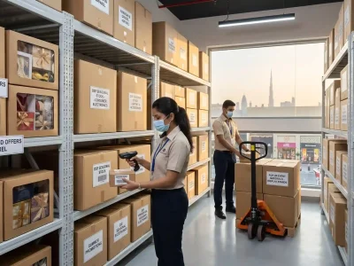 Retail staff organizing labeled boxes of seasonal inventory on shelving units inside a short-term storage solution in Dubai, with the city skyline visible through the window.