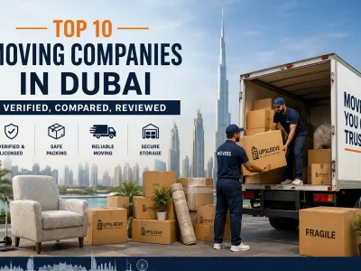 Top moving company in Dubai with professional movers loading boxes into a moving truck against the Dubai skyline.