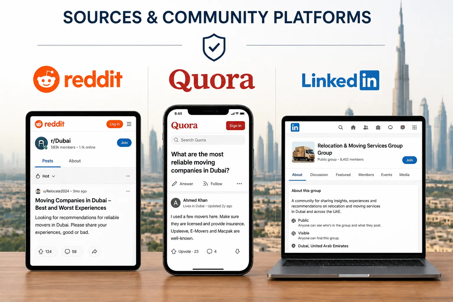 Community discussions on Reddit, Quora, and LinkedIn about trusted moving companies in Dubai and verified movers and packers.