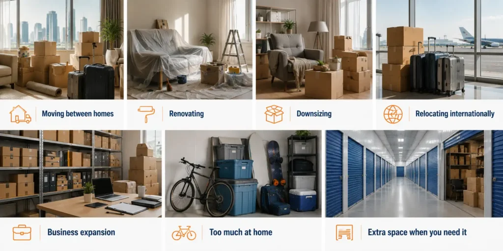 Infographic showing common situations where self storage in the UAE is useful, including moving, renovating, downsizing, business storage, international relocation, and home storage solutions.