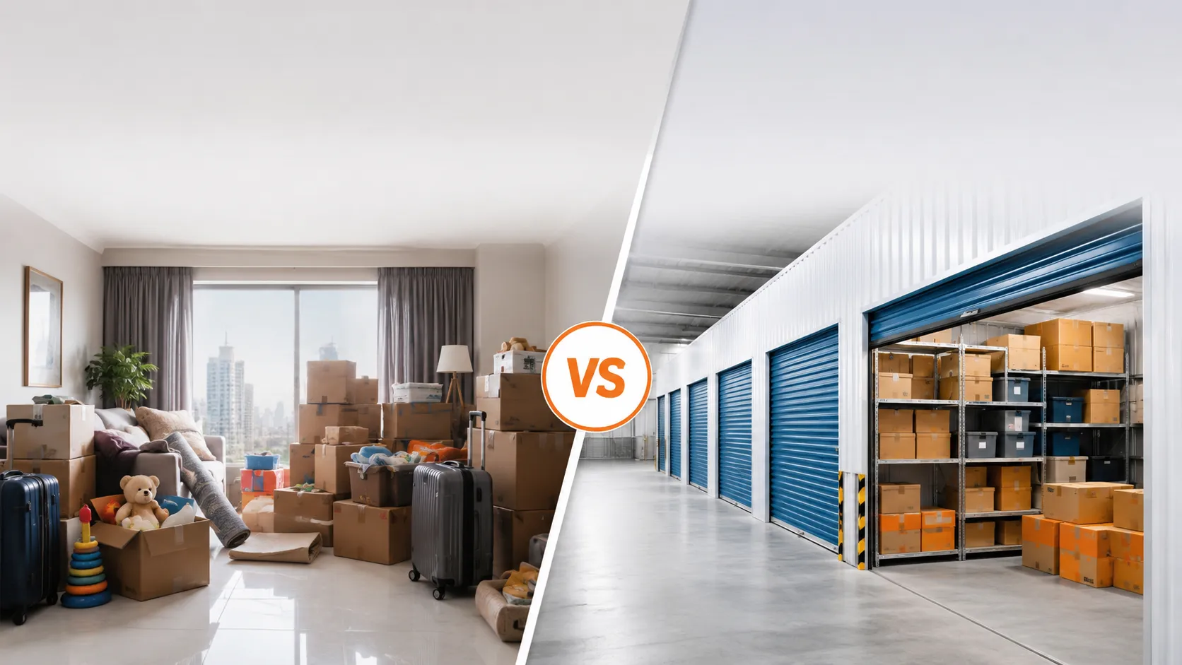 Self storage vs home storage in the UAE showing a cluttered apartment compared with a modern self storage facility from a trusted storage company in the UAE.