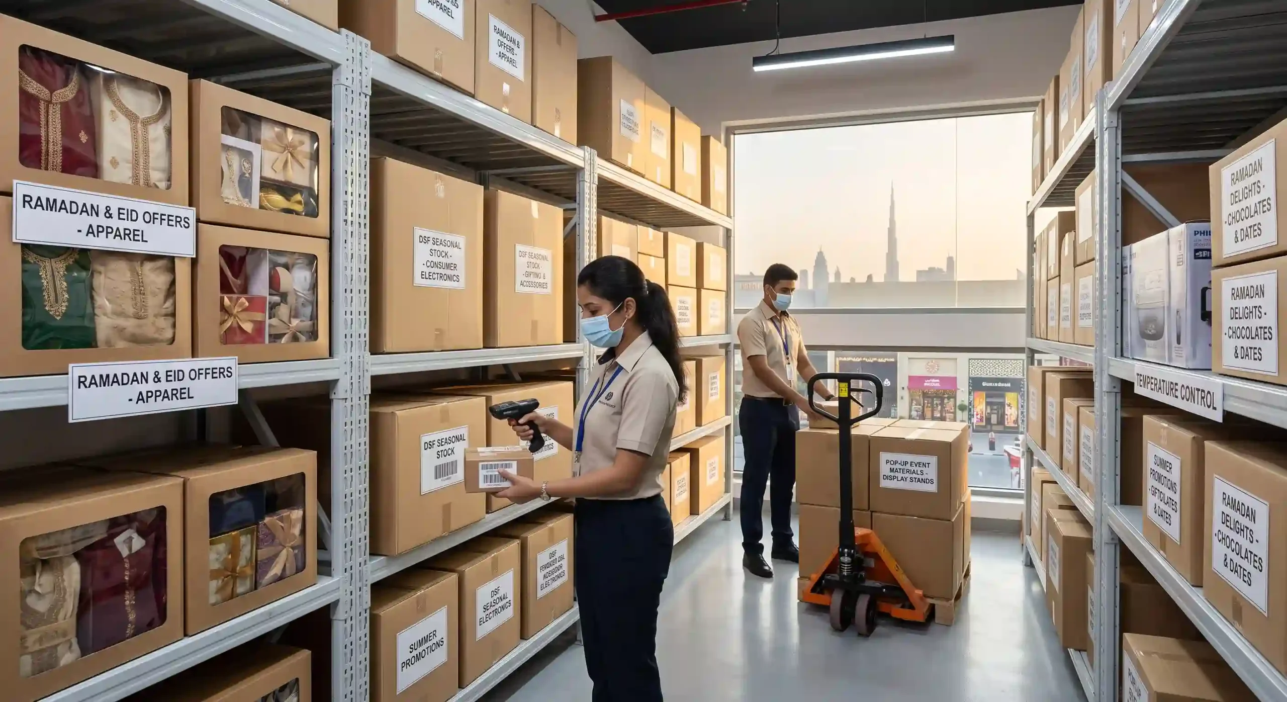 Retail staff organizing labeled boxes of seasonal inventory on shelving units inside a short-term storage solution in Dubai, with the city skyline visible through the window.