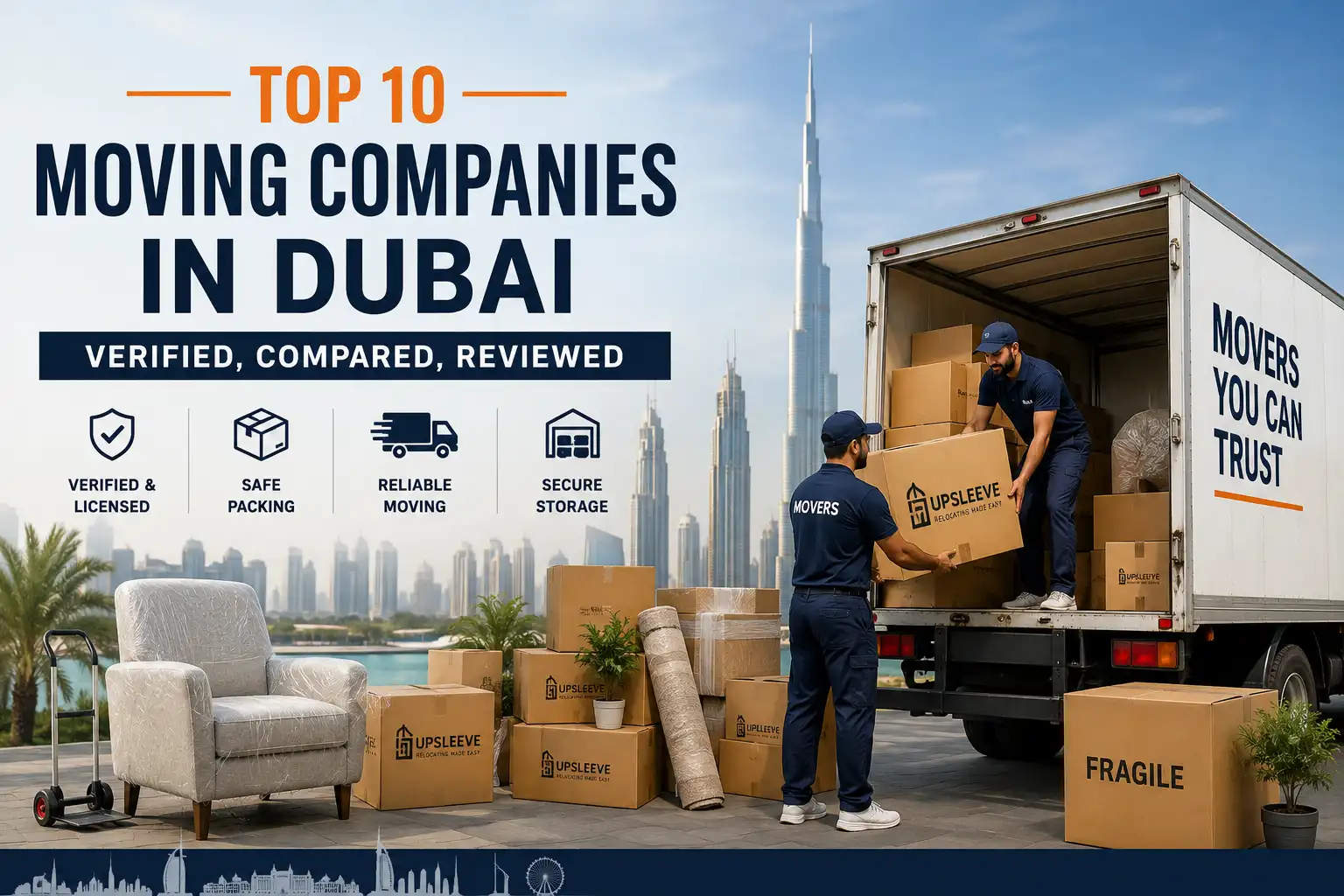 Top moving company in Dubai with professional movers loading boxes into a moving truck against the Dubai skyline.