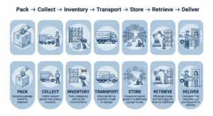 End-to-end logistics workflow for business storage Dubai showing steps: Pack, Collect, Inventory, Transport, Store, Retrieve, and Deliver.
